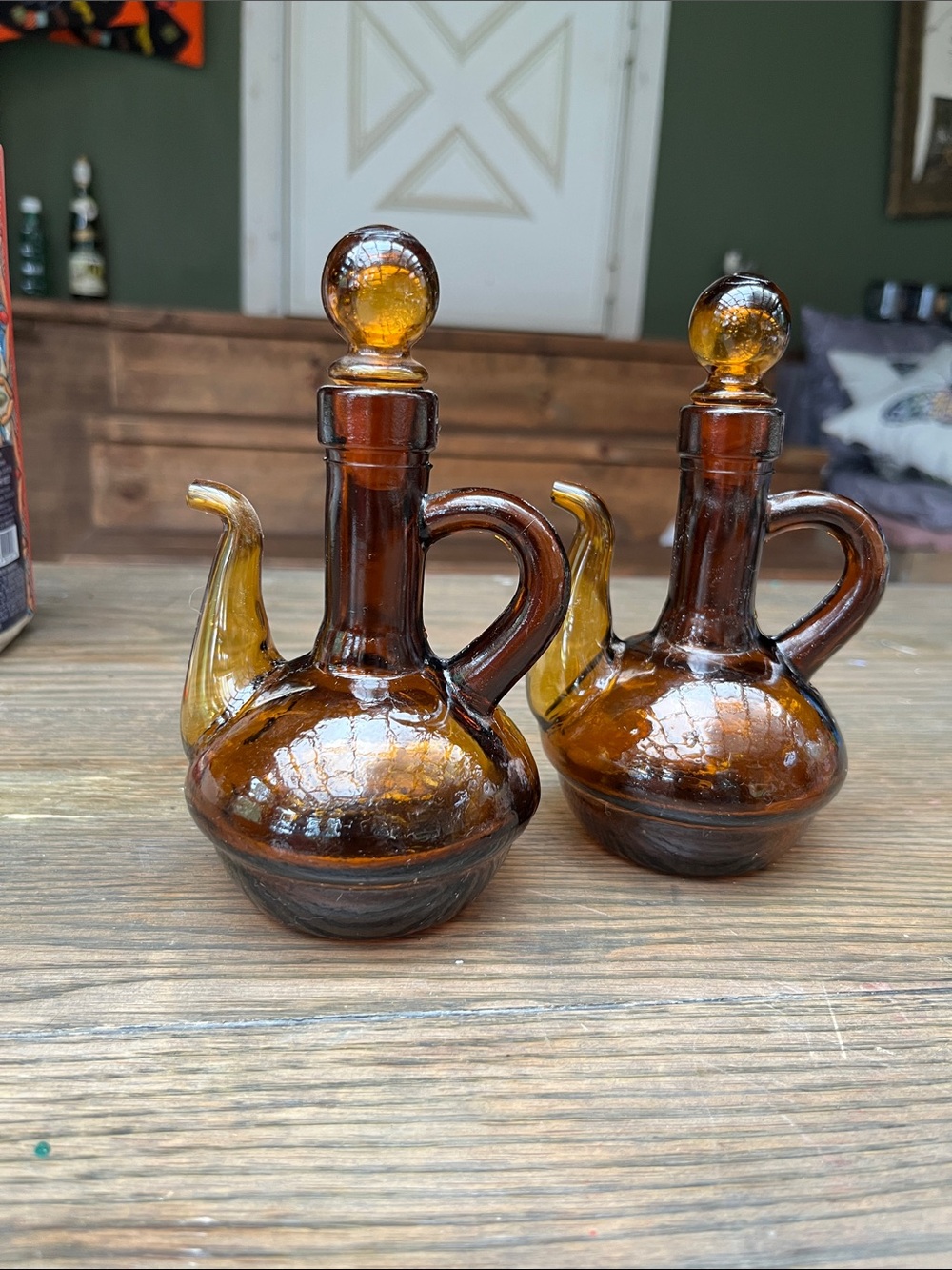 Set of two hand blown amber glass mini pitchers /apothecary jars